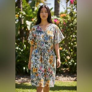 Bensimon Cotton Floral Short Sleeve Cinch Waste Shift Dress Knee Length Sz 12